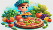 oil painting style CARTOON CHARACTER CUTE baby A CHILD Tasty pepperoni pizza and cooking ingredients, 