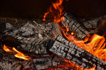 Flames consume firewood in this close up of campfire creating a warm comfy atmosphere in the night at campsite.