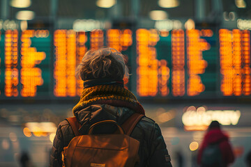 Wall Mural - a passenger looking at the departures board at the airport.