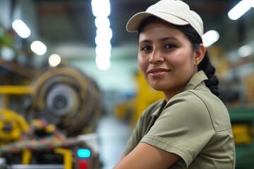 Wall Mural - smiling hispanic female factory worker posing looking at the camera.