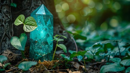 Wall Mural -   A green crystal, with a plant emerging from it, sits adjacent to a tree within the earth