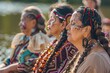 Serene lakeside gathering, women with braids and beads engage in traditional ceremony, connecting with nature and honoring heritage.