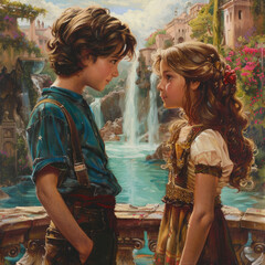 a boy with brown hair looks at a girl with loving eyes near a fountain anime cartoon style smooth