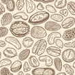 Vector mixed nuts seamless pattern or background. Nut kernels and nutshells illustration