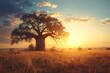 A vast savannah with a lone, ancient baobab tree standing tall against the setting sun