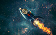 Bitcoin sign flying out of rocket on a dark space galaxy background.
