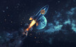 Bitcoin sign flying out of rocket on a dark space galaxy background.
