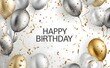 Happy birthday background with golden and silver balloons, confetti and ribbon decoration