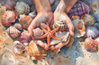 Hands holding starfish surrounded by colorful seashells on sandy background, watercolor illustration