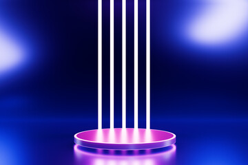 Poster - Empty round podium with neon edge and glowing lines. 3D rendering