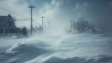 A serene winter scene with snow drifts covering a rural street lined with power lines and bare trees