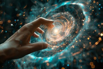 Poster - First contact. hand touching spinning vortex of light particles - neuronal network concept