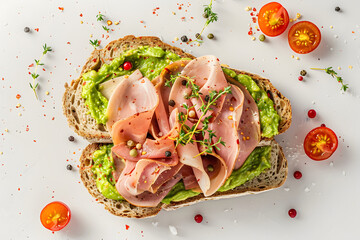Wall Mural - turkey ham on crushed avocado in a white background