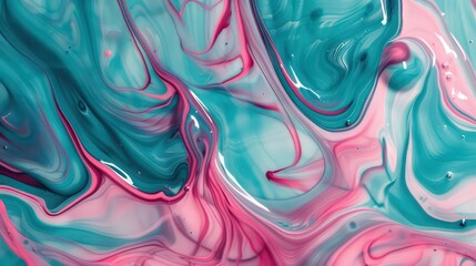 Wall Mural - amazing thick liquid paint swirling impetuous texture background in teal and pink nuances
