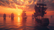 The sun sets creating a golden atmosphere as historical tall ships sail through calm ocean waters