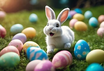 Wall Mural - AI generated illustration of an Easter bunny and colorful eggs on grass