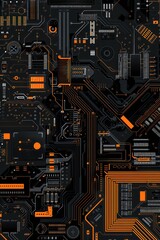 Canvas Print - schematic computer circuit board illustration in black and white and some orange graphic elements