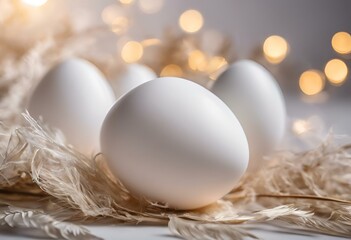 Poster - AI generated illustration of a close-up of white eggs on a plate next to numerous wheat grains