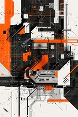 Wall Mural - schematic computer circuit board illustration in black and white and some orange graphic elements