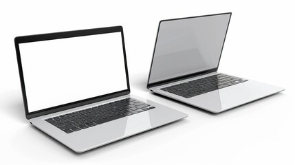 Realistic laptop mockup featuring a blank screen isolated on a white background, offering various perspectives and views.