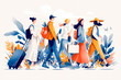 Vector illustration of a group of tourists walking in the park with suitcases.
