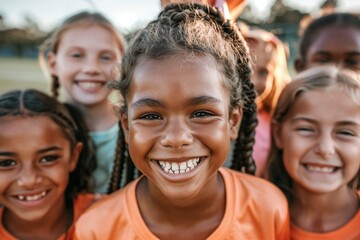 Joyful Multiethnic Youth Soccer Team, Group Portrait of Smiling Young Girls on Sports Field, Team Spirit Concept