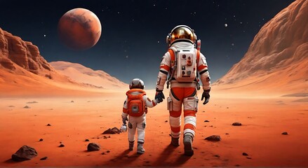 illustration of an astronaut walking with his child on the planet mars, created with generative ai