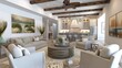 beautiful small space casual living family room soft neutral wood beams and a gorgeous grouping of swivel color fabric chairs around a striking coffee table coastal design nature freshness ...
