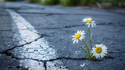 Closeup gentle daisy flowers growing out of cracked asphalt road on the city street. Conceptual background for self confidence, persistence and inner strength metaphor