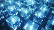 A series of interconnected blue holographic cubes floating in a void, each emitting a soft, internal light. The cubes are arranged in a pattern that suggests a three-dimensional digital network.