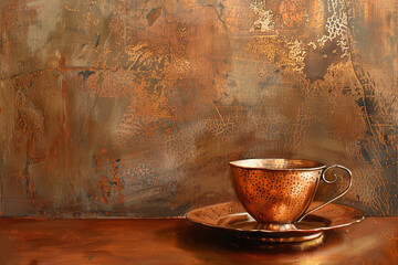 Sticker - A still life painting captures a copper teacup and saucer - their rich patina adding a sense of depth and texture to the artistic composition