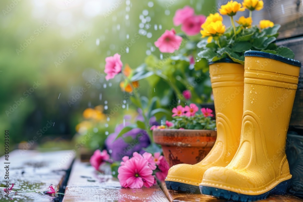 Light background with flower pots, a pair of rubber boots, water ...