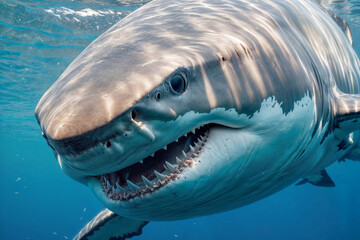 Wall Mural - A great white shark with its mouth open, revealing rows of sharp teeth, swims in the clear blue water