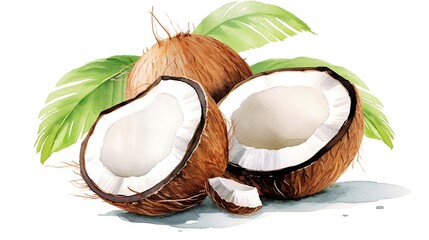 Wall Mural - Coconuts and leaves. Watercolor illustration isolated on white background