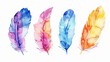 Vibrant watercolor paintings of feathers, hand-drawn and isolated on a white background, suitable for various designs.