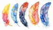 Vibrant watercolor paintings of feathers, hand-drawn and isolated on a white background, suitable for various designs.
