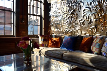 Wall Mural - Reflective metallic wallpaper in an art nouveau inspired lounge