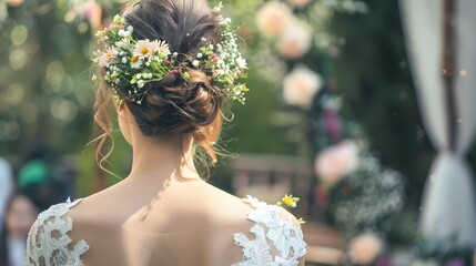back of girl bride with a bridal wedding hairstyle with fresh flowers in hair