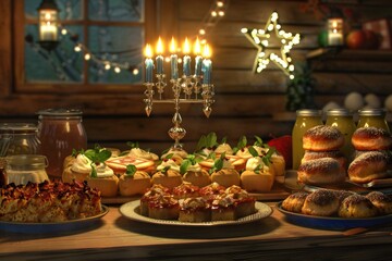 Hanukkah celebration with menorah, dreidels, and traditional foods on a warm wooden background