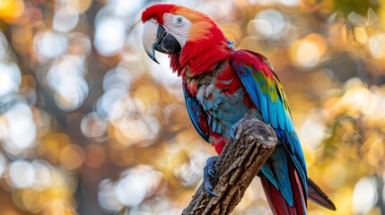 Wall Mural -   A vibrant parrot atop a tree branch against a hazy backdrop of foliage