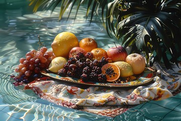 A beautiful still life of a plate of fruit floating in a swimming pool