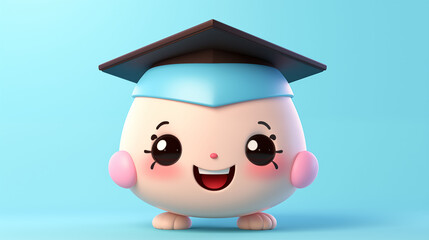 Wall Mural - Smiling animated character with graduation cap on a pastel blue background.