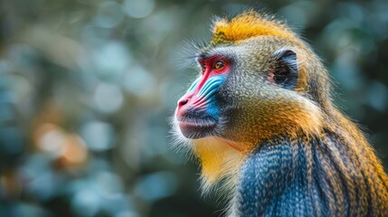 Wall Mural -   A tight shot of a monkey displaying red, blue, yellow, and black facial stripes