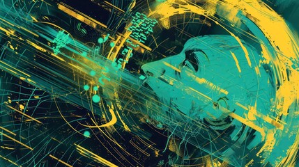 Wall Mural - abstract digital illustration combining futuristic and pop-art graphic elements in green teal and bright yellow 