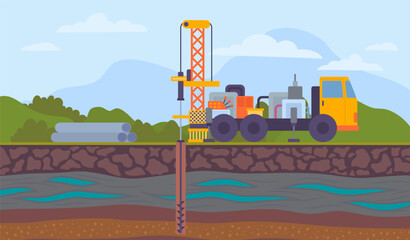 Wall Mural - Cartoon Color Water Well Drilling Landscape Scene Industry and Technology Concept Flat Design Style. Vector illustration of Layers of Land with Underground River