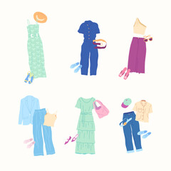 Sticker - Cartoon Clothes Female Casual Summer Travel Combo Set Concept Flat Design Style Isolated on a White Background. Vector illustration