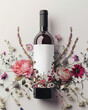 Wine Bottle Mockup Adorned with Vibrant Floral Decorations - Springtime Celebration or Outdoor Garden Party - Flowers on a Blank Label - Rose or Champagne