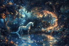 Illustration Featuring A Fantasy Scene With Mythical Creatures Like Unicorns