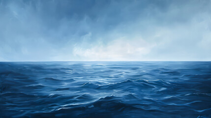 A painting of a calm ocean with a cloudy sky in the background