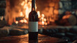Wine Bottle Mockup Displayed in a Cozy Fireplace Setting - Evoking Warmth and Comfort with a Kindling Fire in the Background - Stone and Wooden Details - Blank Label with No Text